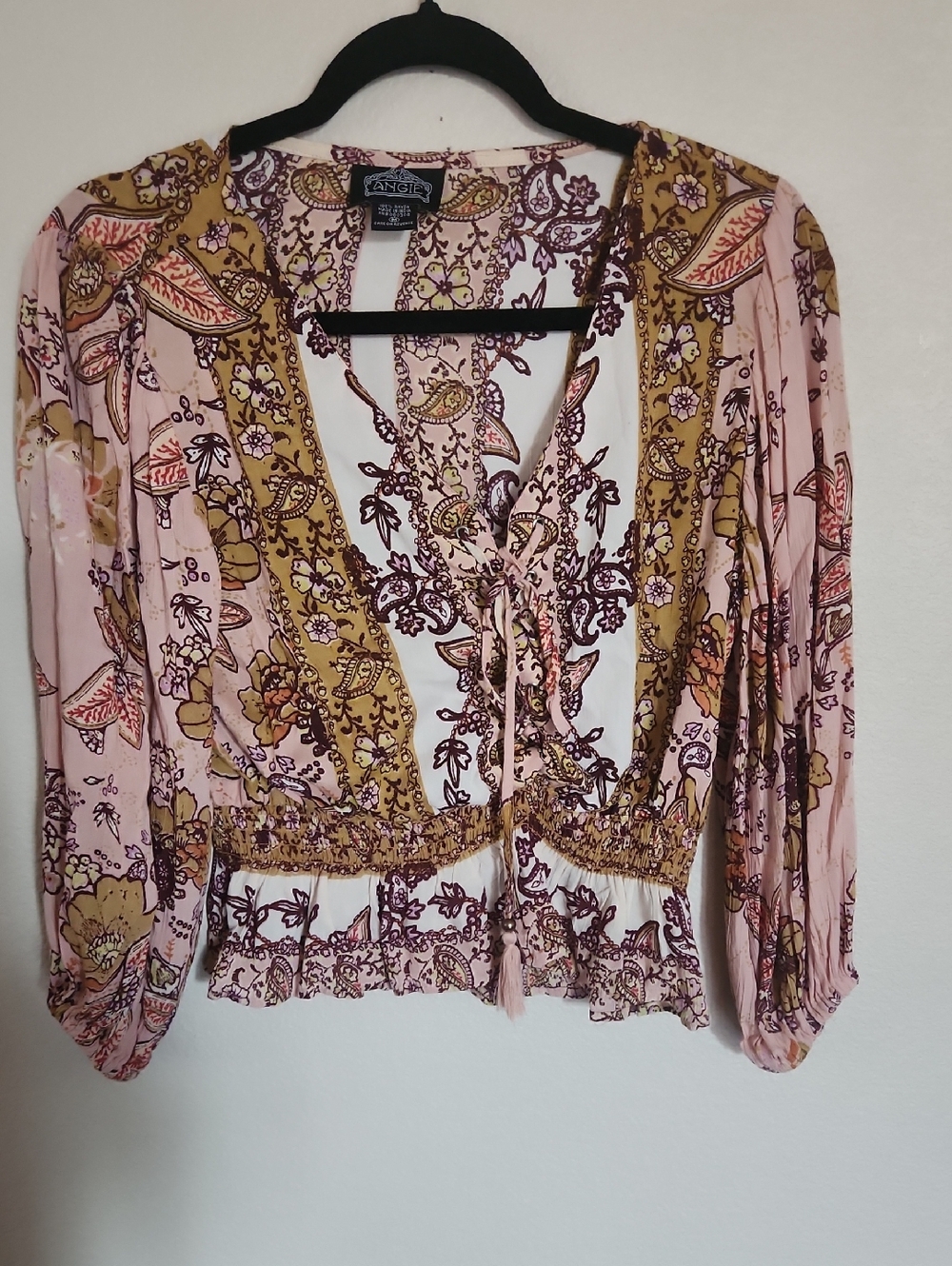 Angie Pink and Gold Paisley Tie-Front Blouse